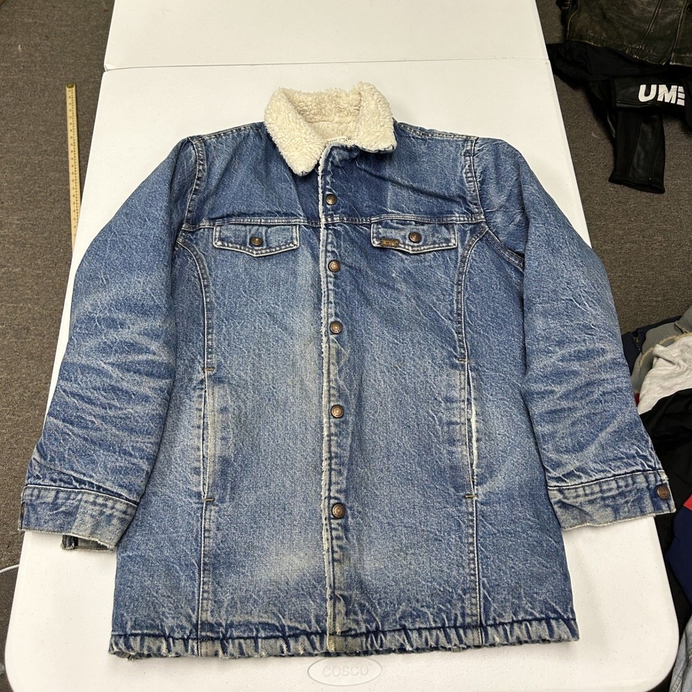 Sears roebuck Denim Jacket Mens L Blue Sherpa Collar Longline Trucker Vintage